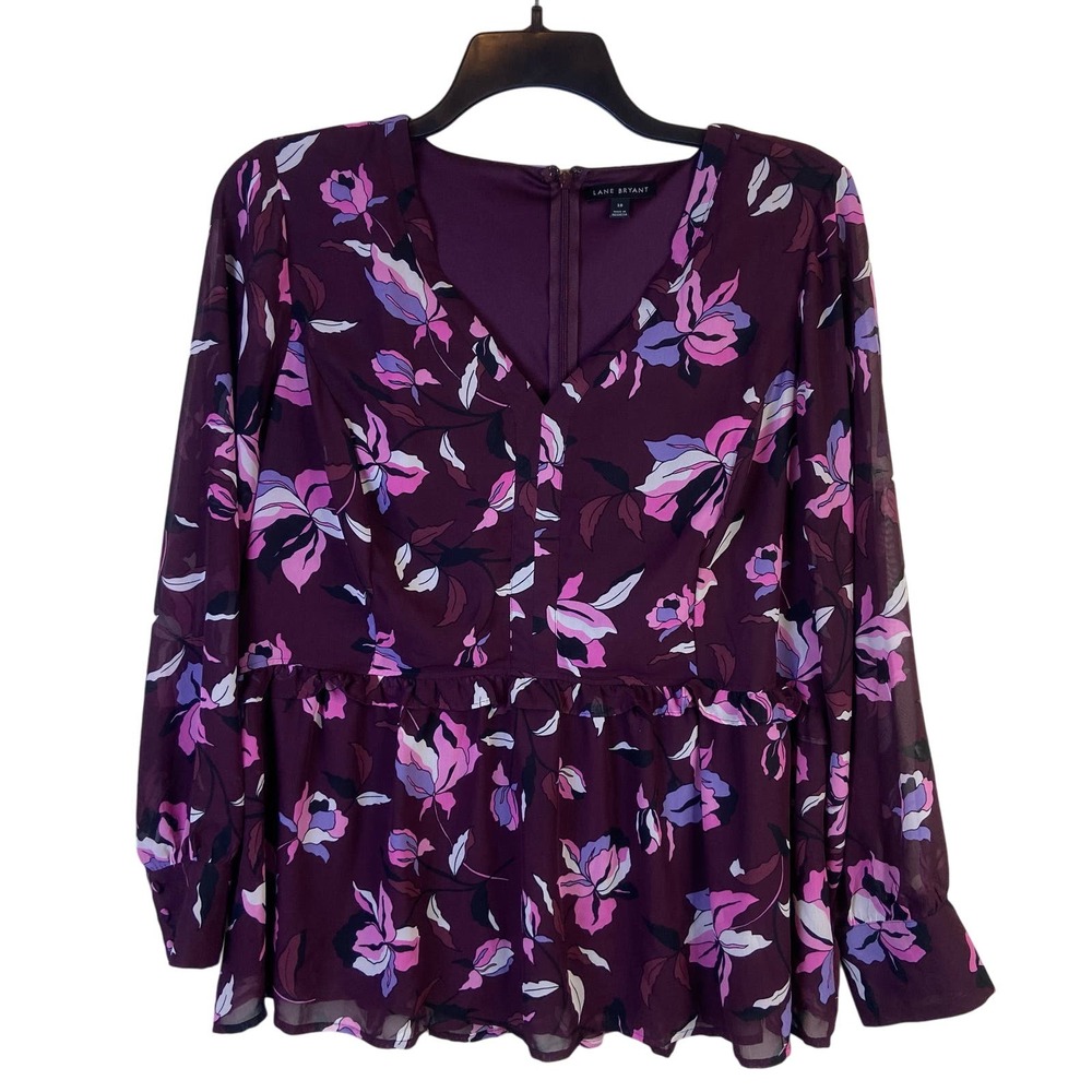 Lane Bryant Women Plus Size 18 Chiffon Floral Maroon V Neck Top Career Feminine